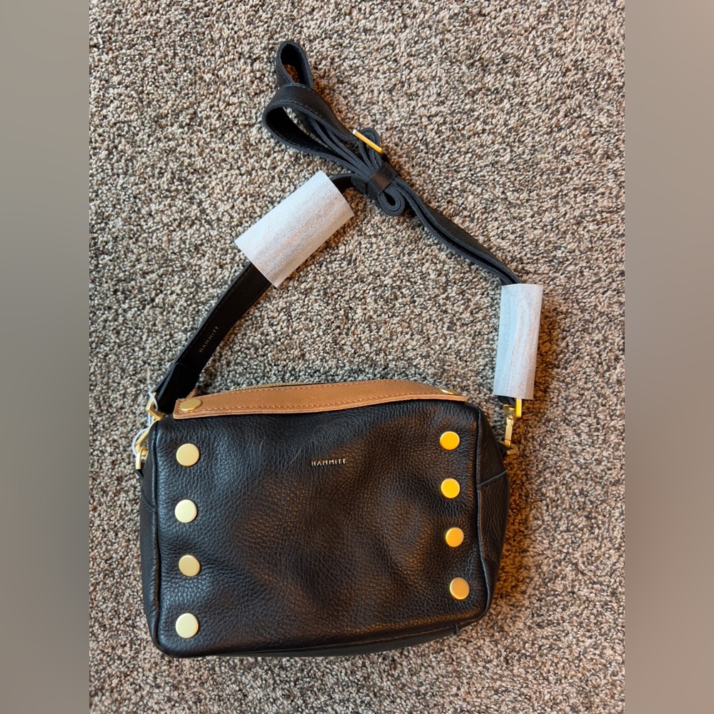 Hammitt Black and Tan Evan Crossbody Bag with Gold Studs